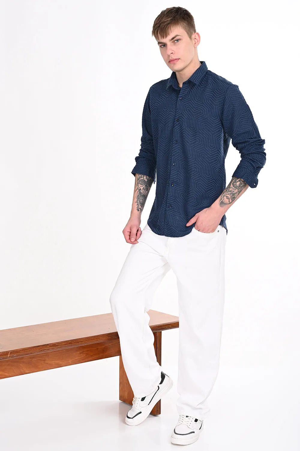 Navy Textured Regular Fit Shirt