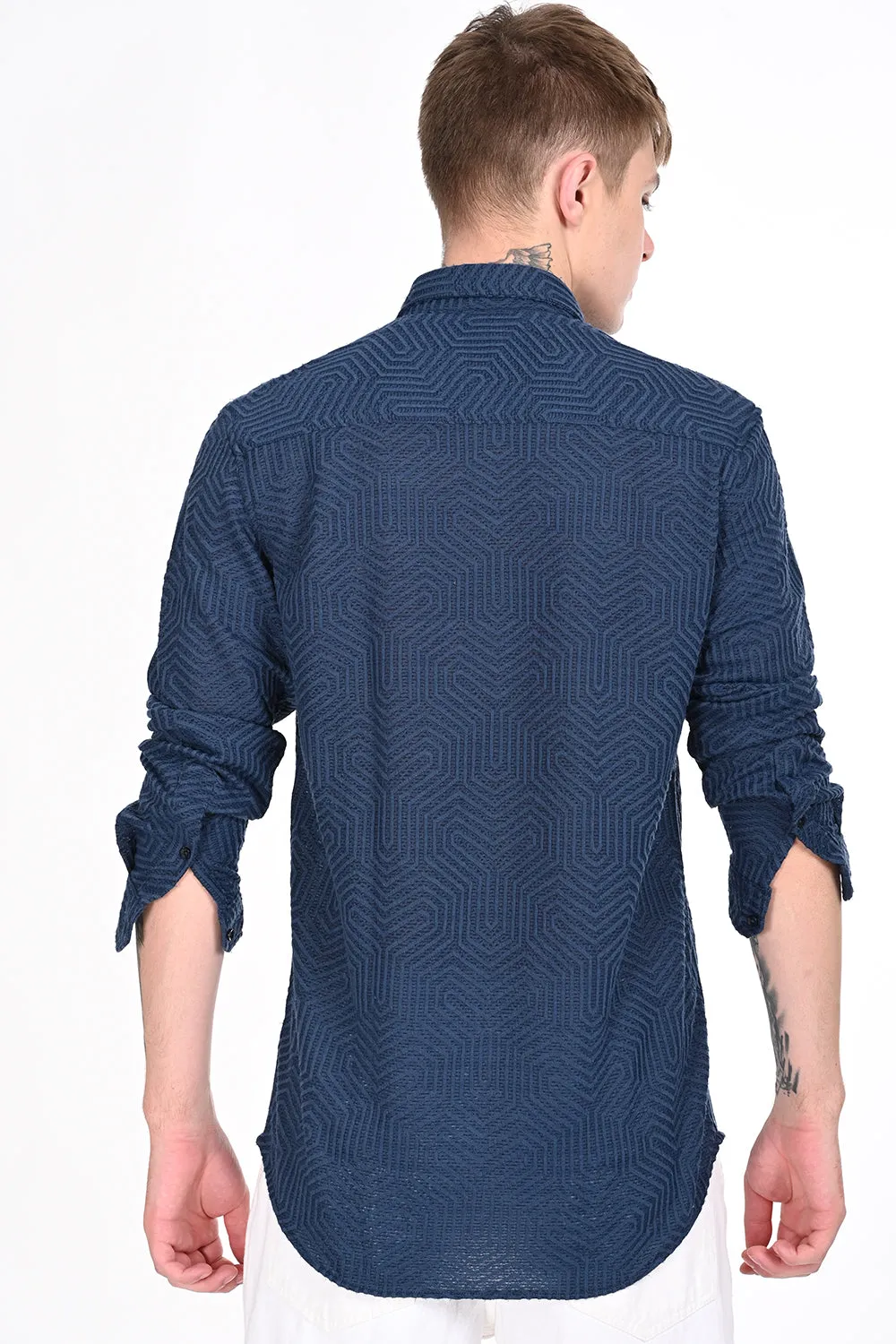 Navy Textured Regular Fit Shirt