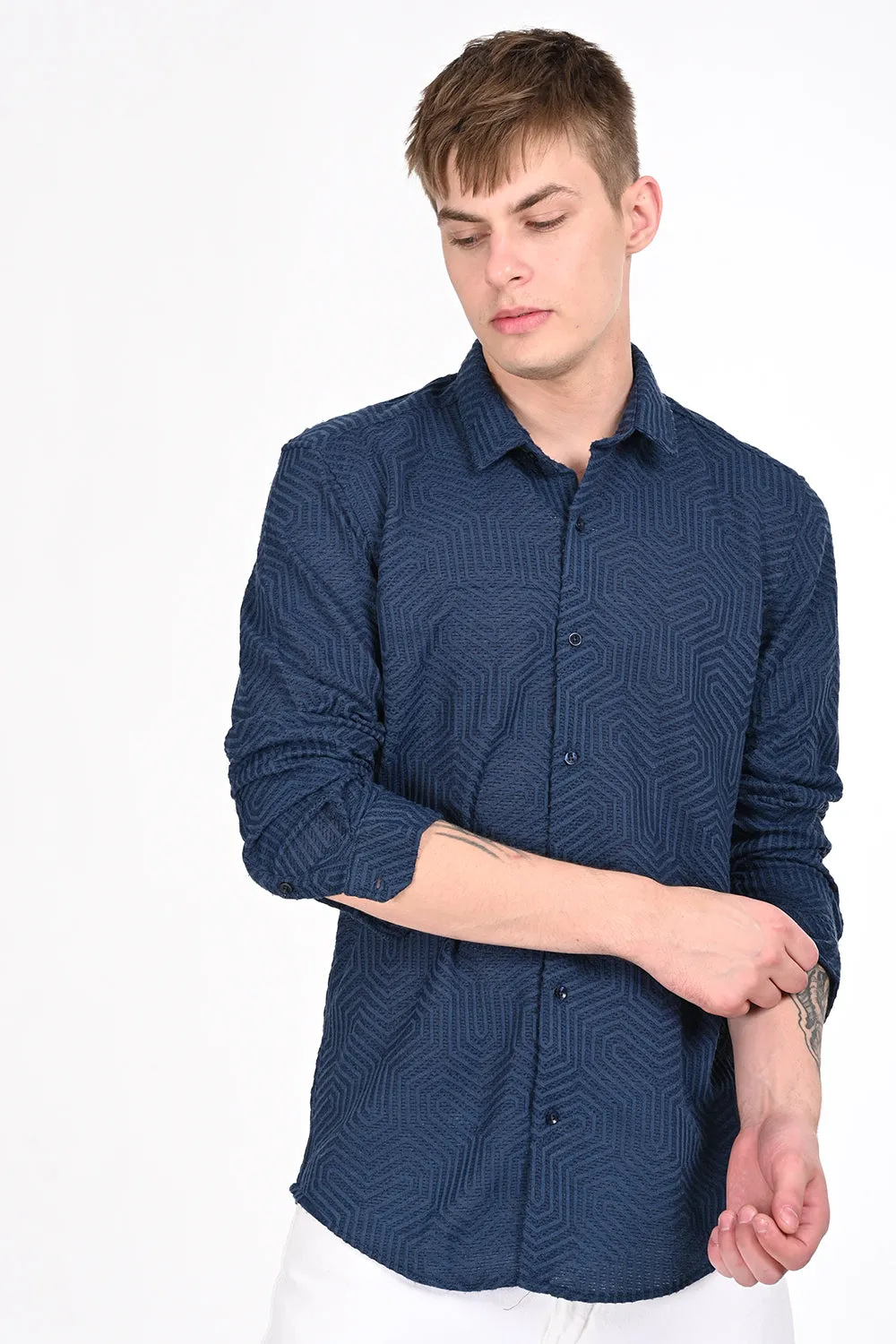 Navy Textured Regular Fit Shirt