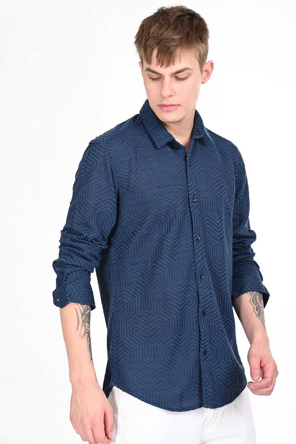 Navy Textured Regular Fit Shirt