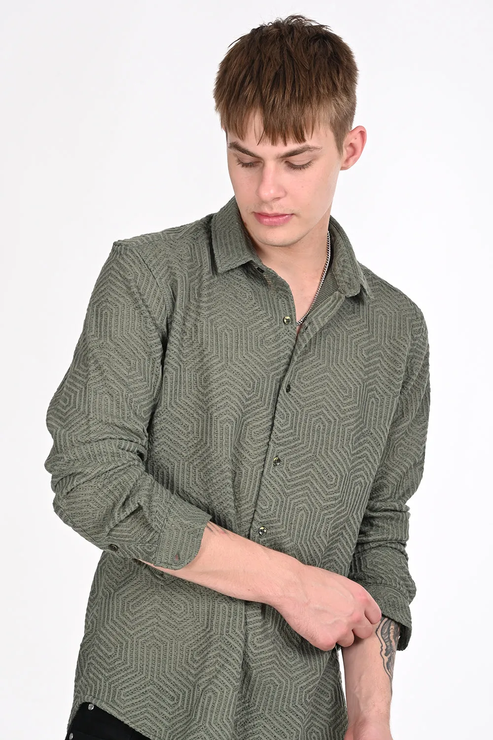 Olive Green Textured Regular Fit Shirt