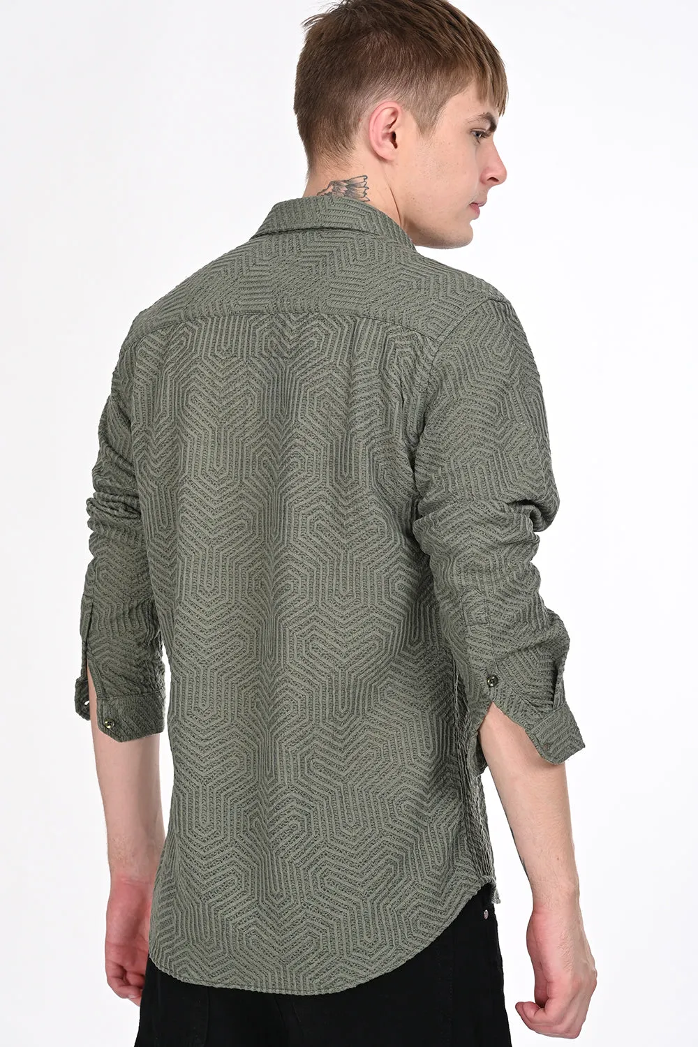 Olive Green Textured Regular Fit Shirt