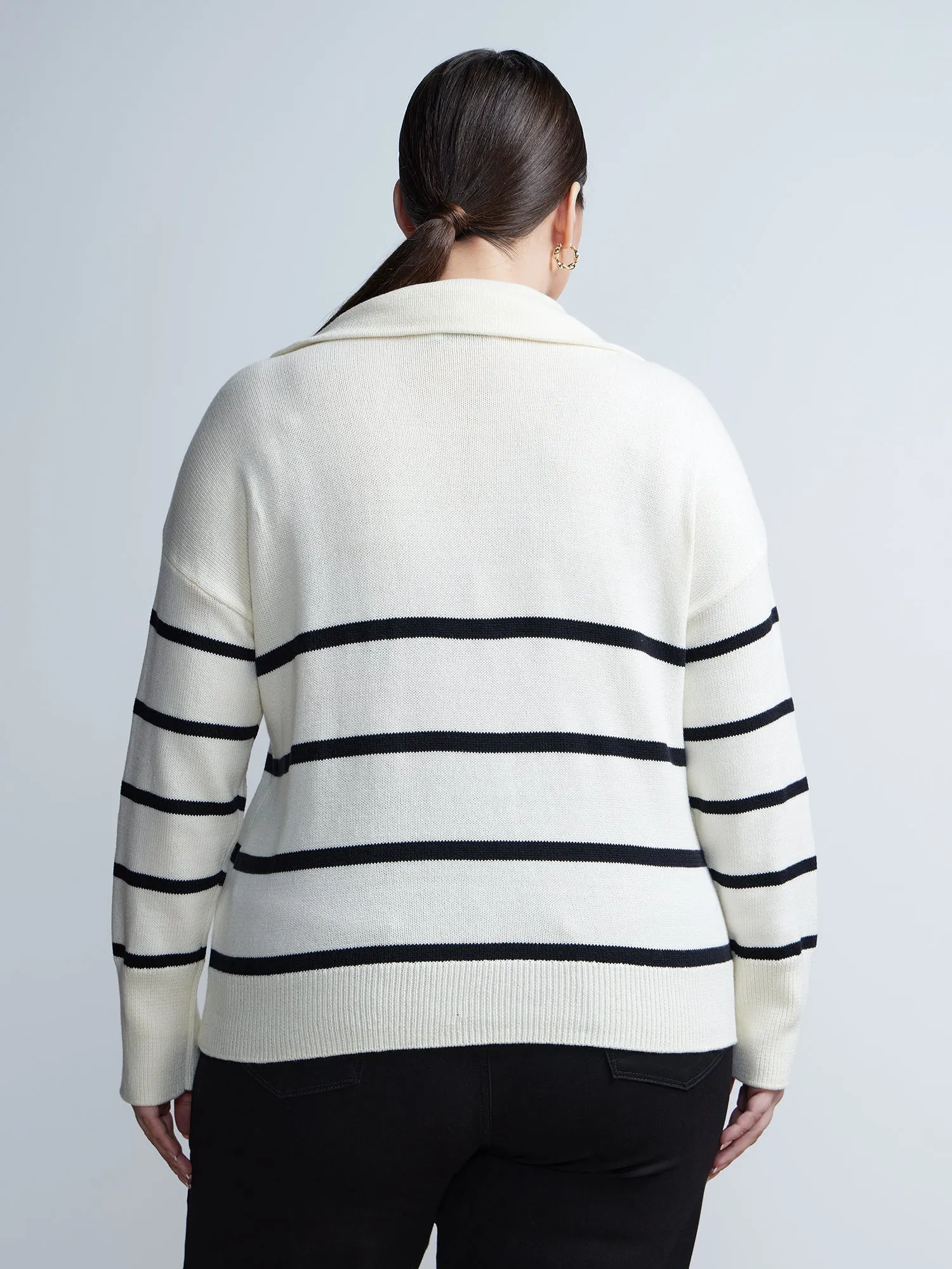 Plus Long Sleeve Striped Zip Up Collar Sweater