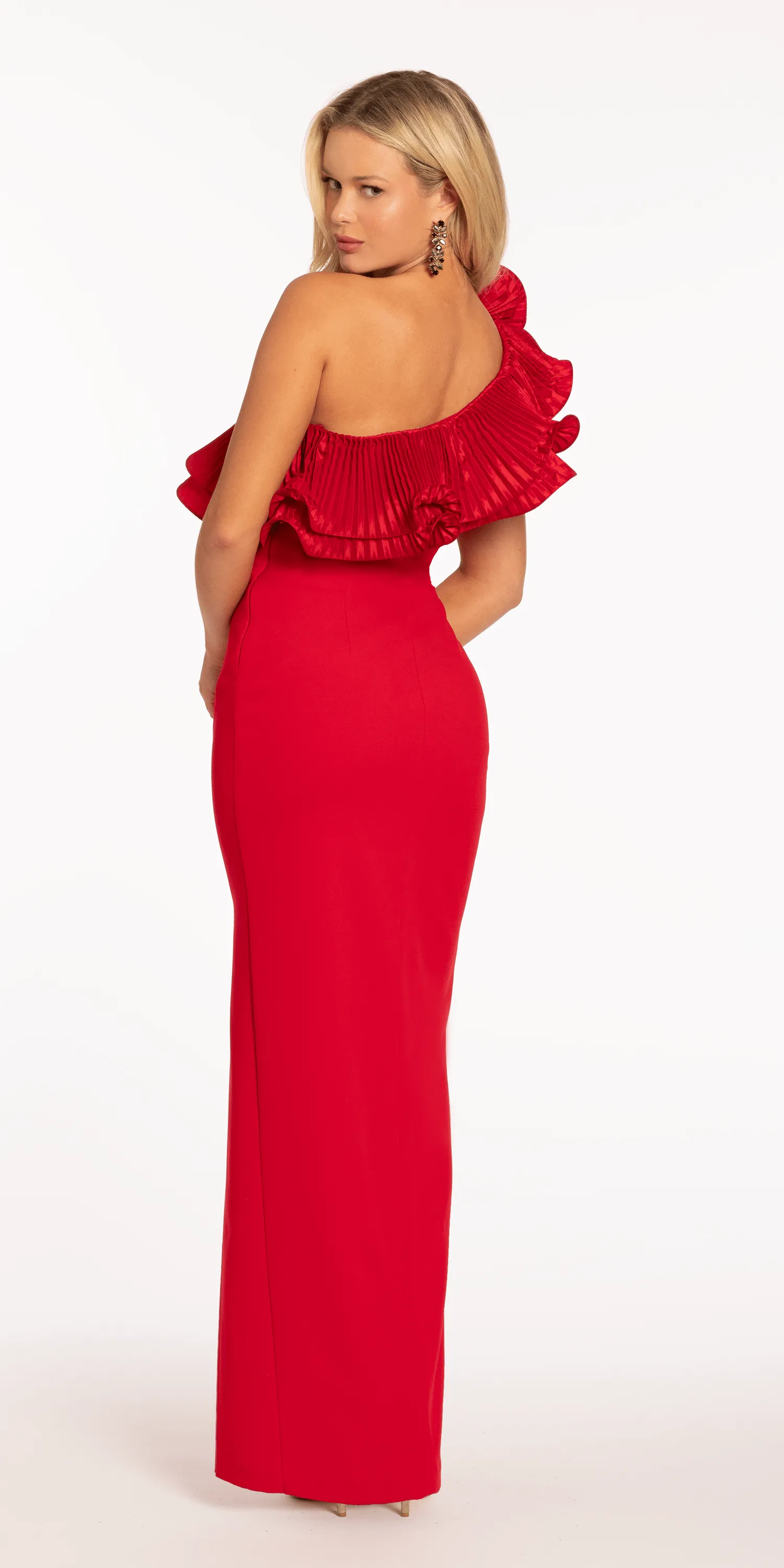 Scuba One Shoulder Column Dress with Pleated Ruffle Flower