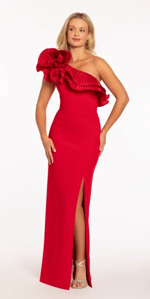 Scuba One Shoulder Column Dress with Pleated Ruffle Flower