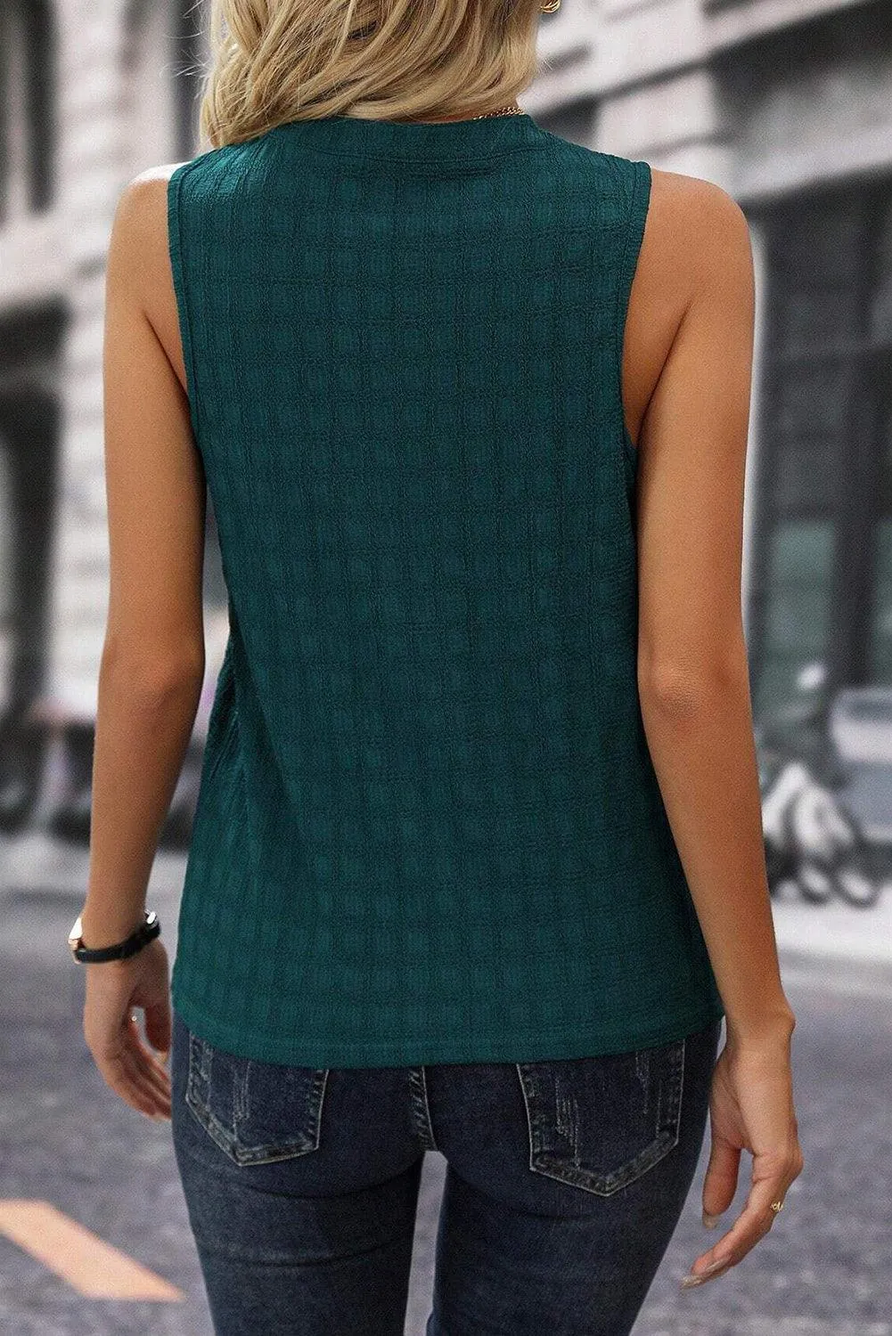 Sea Green Lattice Textured Split Neck Tank Top