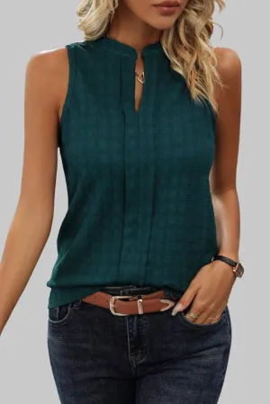 Sea Green Lattice Textured Split Neck Tank Top