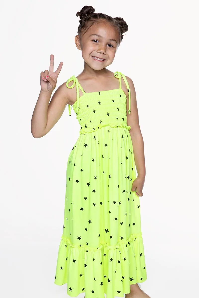 Simply Soft Tiered Smocked Maxi Dress - Neon Lemon Black Stars