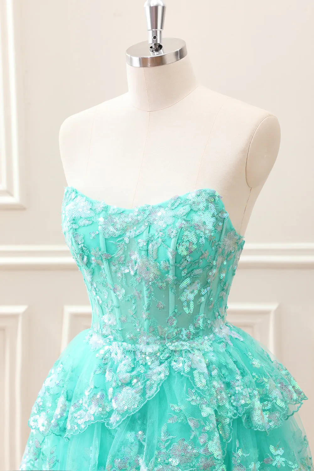 Sparkly Green A Line Sequined Corset Tiered Tulle Strapless Mini Dress