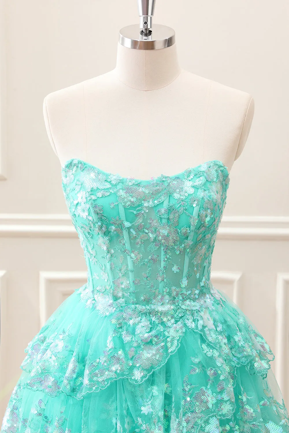 Sparkly Green A Line Sequined Corset Tiered Tulle Strapless Mini Dress