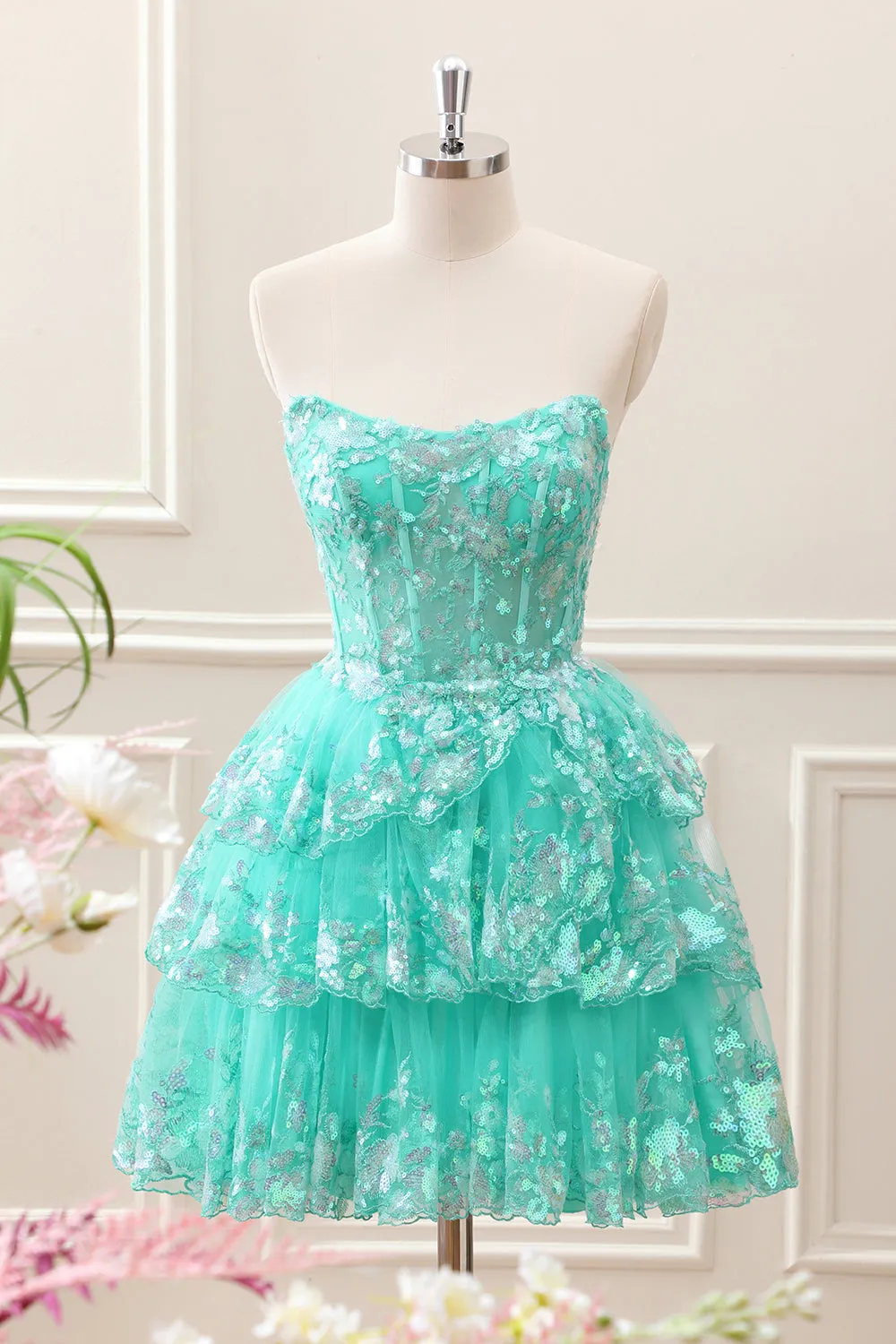 Sparkly Green A Line Sequined Corset Tiered Tulle Strapless Mini Dress