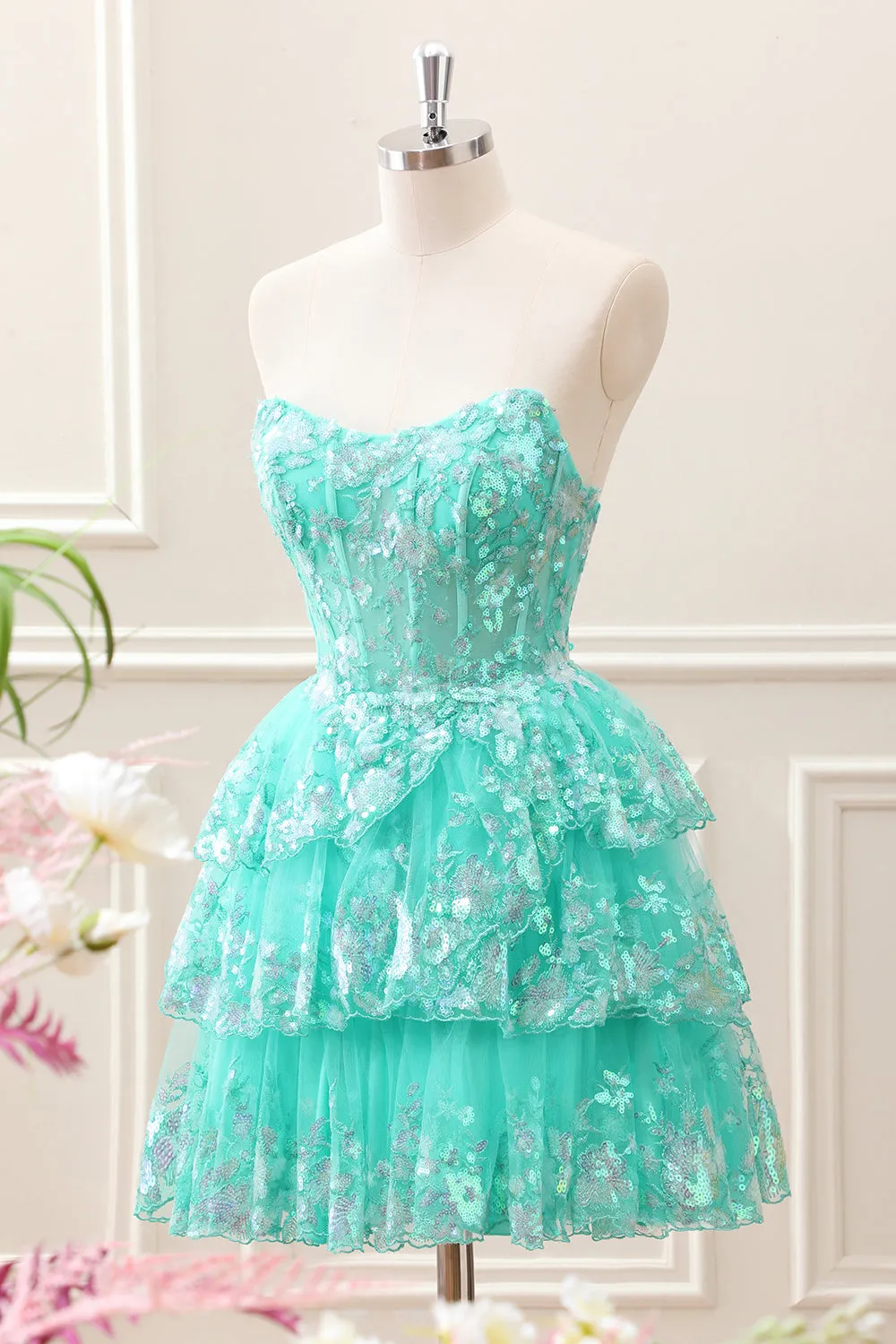 Sparkly Green A Line Sequined Corset Tiered Tulle Strapless Mini Dress