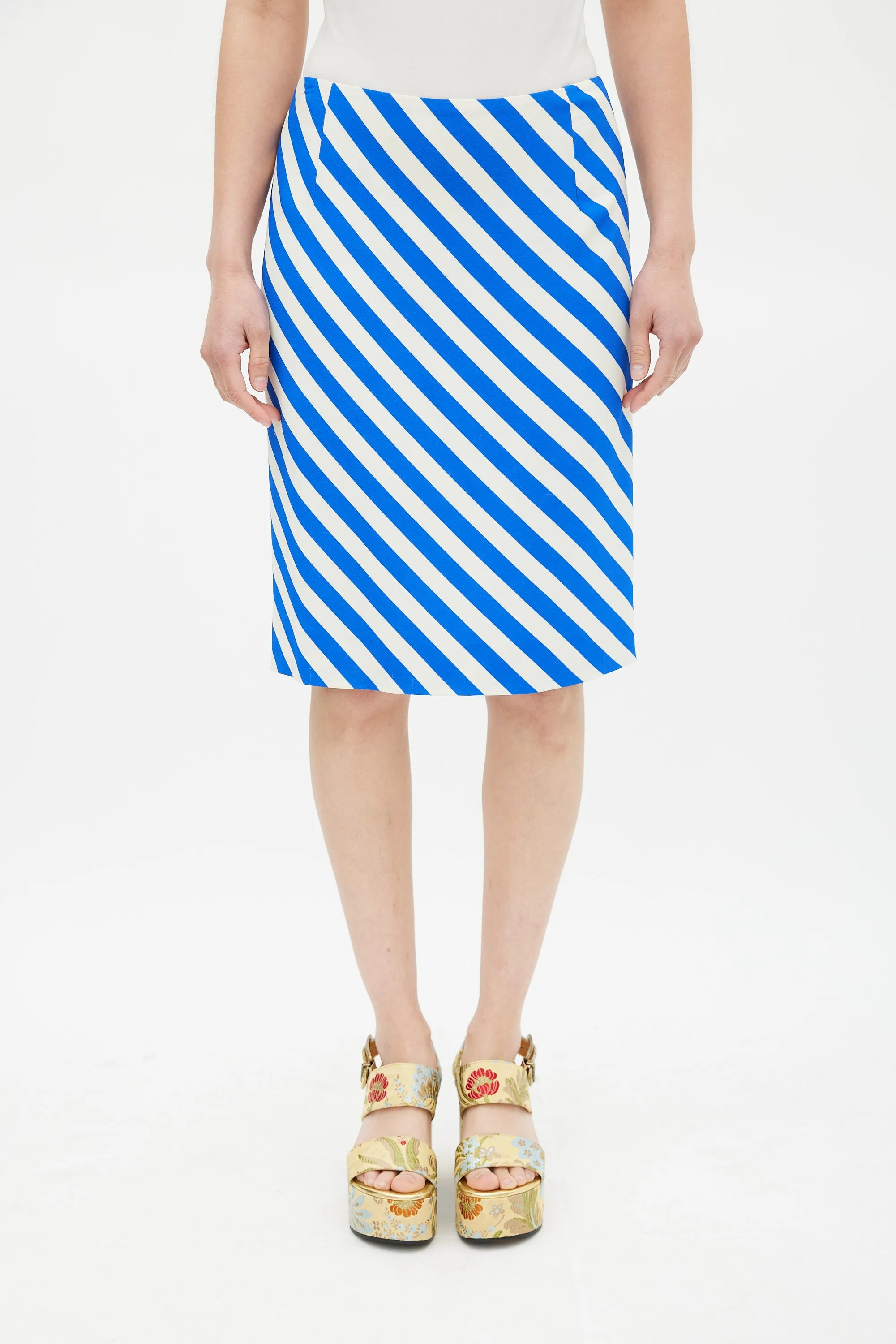 SS 2019 Blue & White Diagonal Striped Pencil Skirt