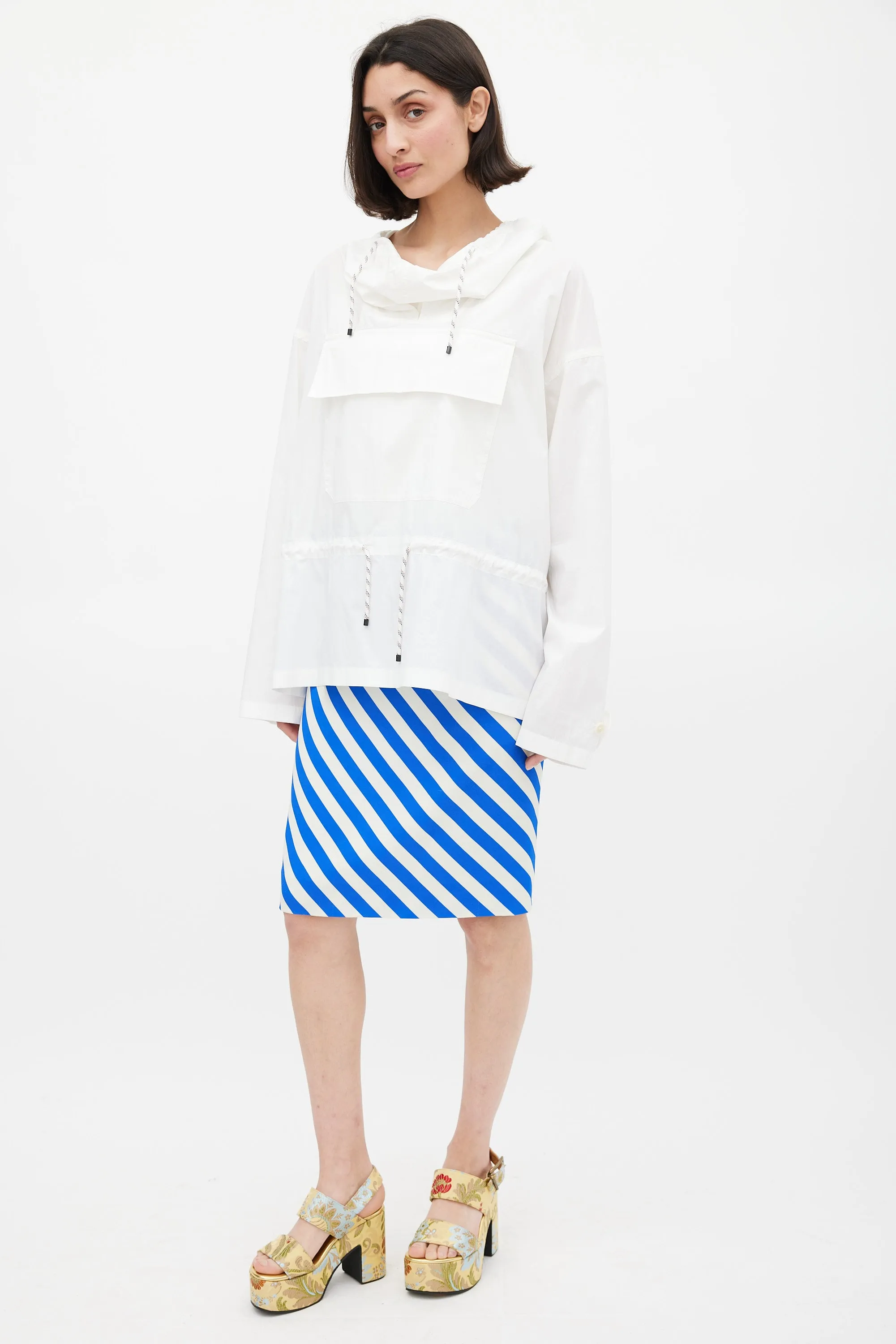 SS 2019 Blue & White Diagonal Striped Pencil Skirt