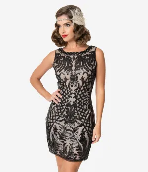 Unique Vintage Black Sequin & Blush Sleeveless Cocktail Flapper Dress