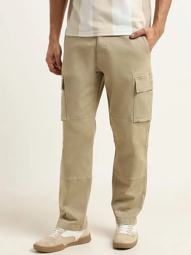 WES Casuals Solid Beige Cotton Blend Relaxed Fit Cargo