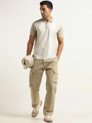 WES Casuals Solid Beige Cotton Blend Relaxed Fit Cargo