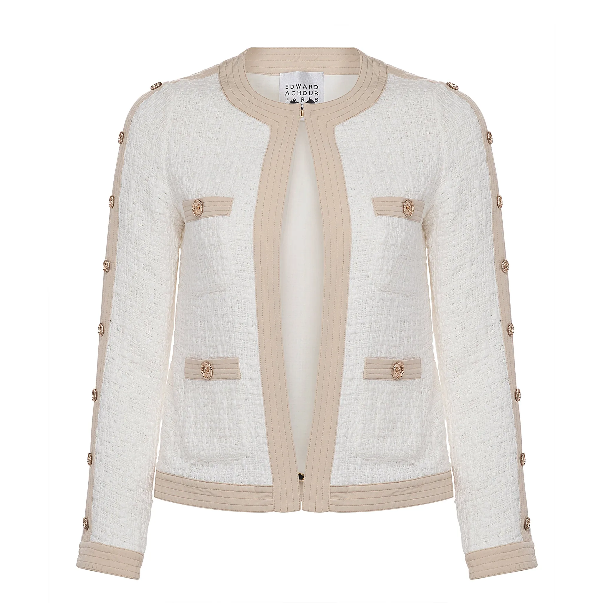 White Tweed Short Jacket with Beige Trim