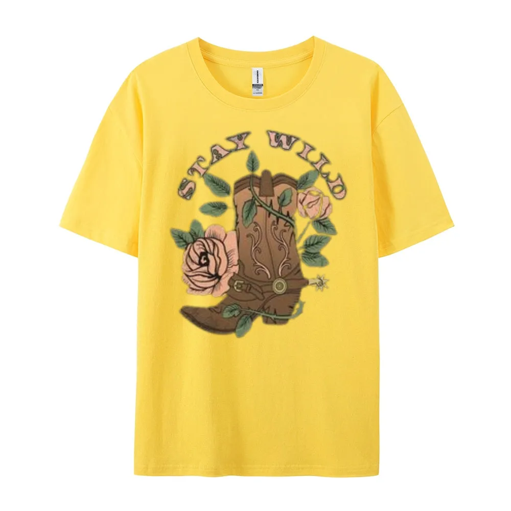 Women Cowgirl Stay Wild Print Graphic T-shirt