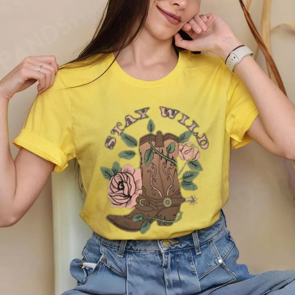 Women Cowgirl Stay Wild Print Graphic T-shirt