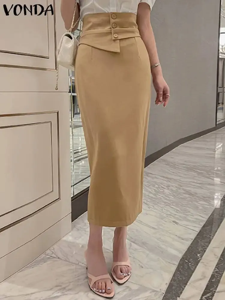 Women Elegant Long Skirts VONDA Sexy High Waist Party Skirt Fashion Office Lady Summer Skirts Female Solid Color Bottoms