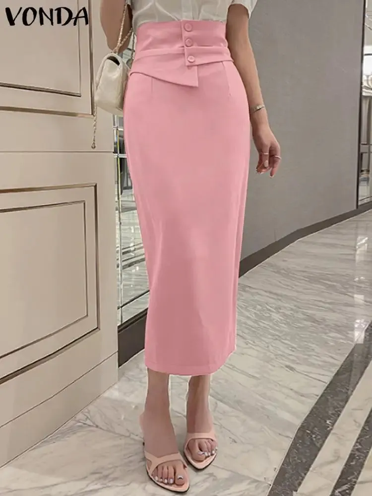 Women Elegant Long Skirts VONDA Sexy High Waist Party Skirt Fashion Office Lady Summer Skirts Female Solid Color Bottoms