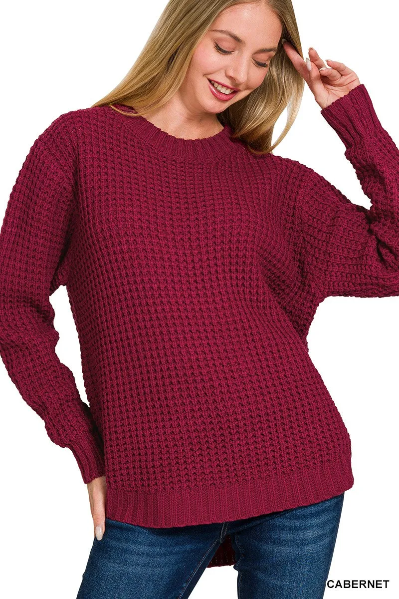 Zenana Hi Low Long Sleeve Waffle Knit Sweater