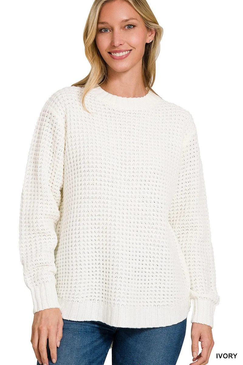 Zenana Hi Low Long Sleeve Waffle Knit Sweater